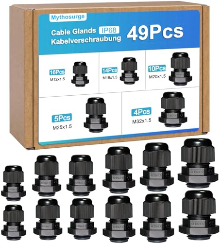 49 Stück Kabelverschraubung m32 m25 m20 m16 m12, IP68 Wasserdicht Kabeldurchführung, Kabelverschraubungen für Outdoor Garten Schaltkasten Abzweigkasten, Kunststoff Nylon Kabeldurchführunge Schwarz