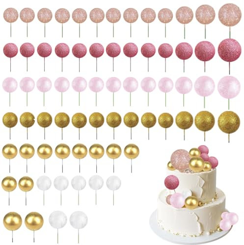 71-Piece Set of Cake Ball Decorations - Pink, Rose Gold, Gold Balls for Birthday and Wedding Anniversary - Top Decorated With Foam Balls