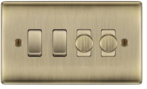 BG Antique Brass 4 Gang Switch 2x Trailing Edge LED Dimmer 2x 2 Way Custom Grid Switch