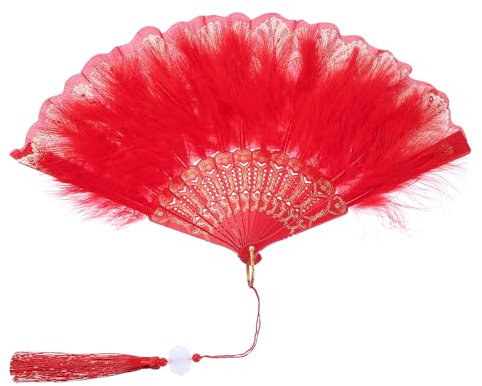 PATIKIL Embroidered Flower Marabou Feather Fan, 1920s Vintage Folding Handheld Fan Chinese Flapper Hand Fan for Costume Party Dancing Wedding Show Tea Decoration, Red