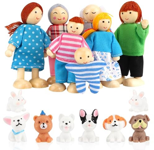 YiliYa Puppenhaus Puppen,15 Stück Puppenhaus Figuren Puppen Familie Set Holzpuppe Spielzeug mit Hund Kleine Puppenfiguren Zubehör Holz für Puppenstube Geschenk