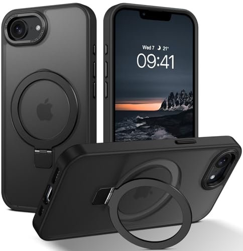 YINLAI für iPhone 16e Hülle Kompatibel mit MagSafe mit Ständer,Handyhülle iPhone 16e Magnet mit Unsichtbarer Ringhalterung Translucent Matt Cover Case Schutzhülle für iPhone 16e(2025) 6.1,Schwarz