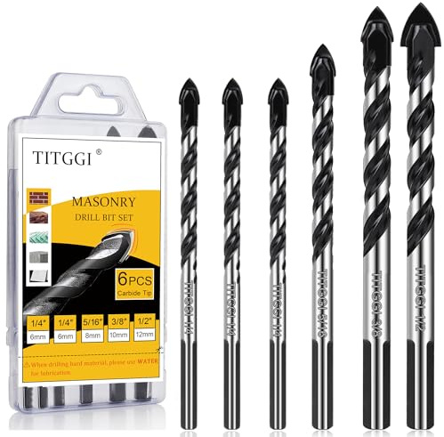 6-Piece Masonry Drill Bit Set & Concrete Drill Bit Set, 5 Sizes, 1/4-1/2 | Carbide Drill Bits for Tile, Ceramic, Glass, Cement & Brick, Bath & Kitchen, Dual U-Groove, 3-Flat Shank, Standard Drill Fit