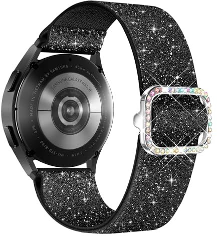 Vamyzji für Samsung Galaxy Watch 7 6 5 4 FE 40mm 44mm Armband, Damen Glitzernd Stretchy Nylon Galaxy Watch Armbänder für Samsung 6 4 Classic/5 Pro/Active 2 Schwarz