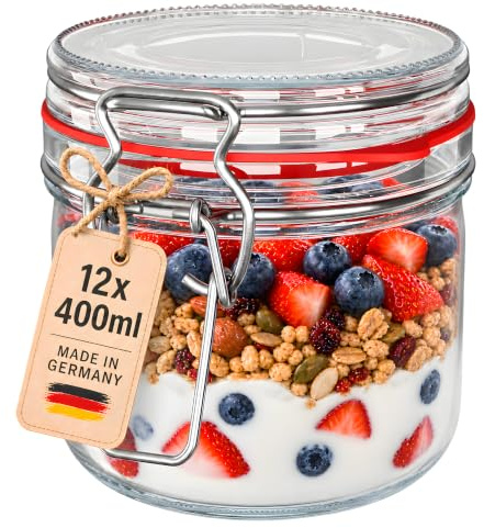 WELLGRO 12x Einmachgläser mit Bügelverschluss rund 400ml, Fermentierglas, Vorratsgläser mit Deckel - Gläser mit Deckel Made in Germany