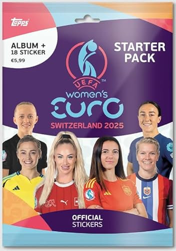 Topps Official Women’s Euros 2025 Sticker Kollektion – Starter Pack mit 40-seitigem Album + 3 Stickertüten (18 Sticker) – Offizielles EM 2025 Sammelalbum für Fußballfans + Heartforcards® Versandschutz