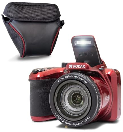 KODAK Pixpro Astro Zoom AZ405 + custodia protettiva - Fotocamera digitale Bridge, Zoom X40, grandangolare 24 mm, 20 Megapixel, LCD 3, video Full HD 1080p, OIS, batteria AA - Rosso
