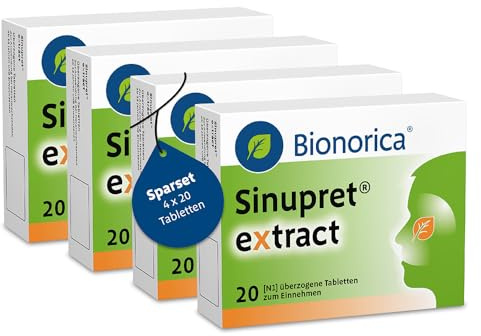 Sinupret® eXtract im Sparset 4 x 20 Stück – stark bei Nasennebenhöhlenentzündung mit Schnupfen. Löst den Schleim, öffnet die Nase und befreit den Kopf mit der Kombination aus fünf Pflanzen