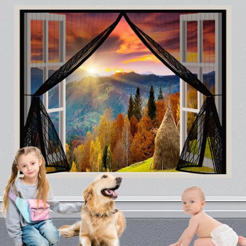 Mosquitera Ventana Magnetica 144 x 72 cm Cierre Automático, sin Taladrar, Antimosquitos, Fácil Instalación, Cortinas Mosquiteras para Puerta Corredera, Puerta de Salón, Negro