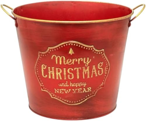 Divas World Christmas Tin Planter Pot – Decorative Red Metal Bucket with Handles – Rustic “Merry Christmas” Design for Holiday Plants & Festive Décor (1)