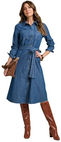 Amber Ladies Denim Midi Dress, Button-Through Long Sleeve Style with Detachable Belt & Chest Pockets | 100% Cotton Stonewash 14