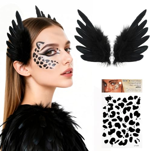 MWOOT Schwarzer Feder Haarspange für Frauen, Federhaarschmuck, Engelsflügel Federn Haaraccessoires mit Leopardenmuster Tattoo für Halloween Dekoration, Karnevalskostüme, Cosplay Party