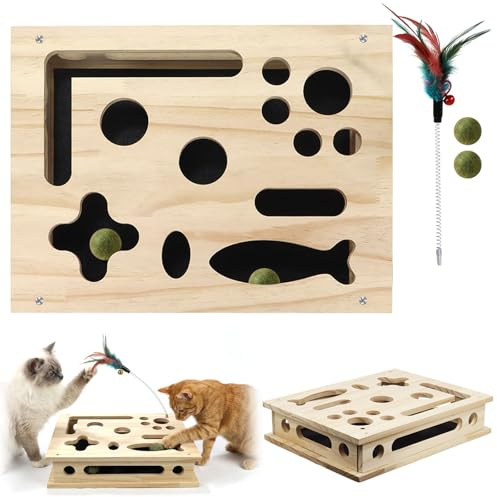 Caja Puzzle rascadora para Gatos 3 en 1 de 40x30 cm, Juguete Interactivo felino Equipado con Bolas de Hierba gatera y Varita con Plumas, Ideal para limar Las uñas y Aumentar su vitalidad.