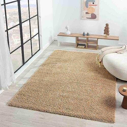 VIMODA Teppich Prime Shaggy Hochflor Langflor Einfarbig Modern Beige für Wohnzimmer, Schlafzimmer, küche, Maße:70x140 cm
