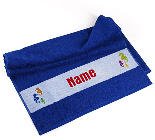 Herz & Heim® Handtuch 50 x 100 cm Seepferdchen mit Namensaufdruck Blau