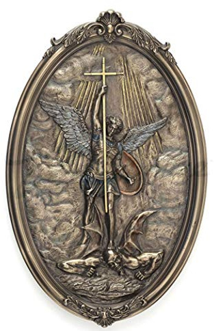 9.5 Saint Michael Tramples Demon Holding Crucifix Oval Wall Plaque Archangel