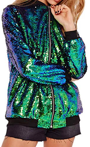 Cresay Women's Sequin Fitted Long Sleeve Zipper Blazer Bomber Jacket, Green, S