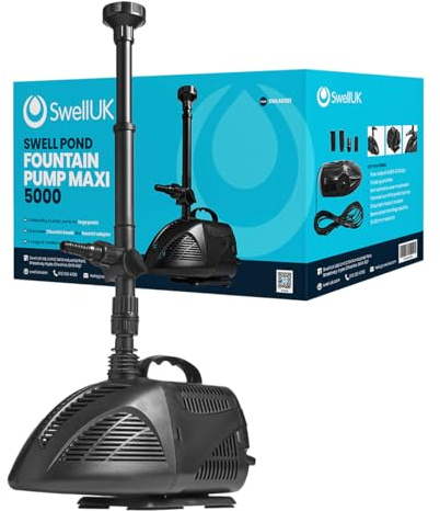Swell UK Ponds Fountain Pump Maxi 5000 for Large Outdoor Garden Pools. Powerful with Multiple Spray Nozzles Heads. Fully Submersible with Thermal Cut-Off and a 3 Year Guarantee