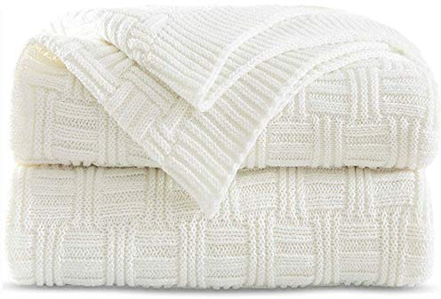 SHADDOCK Baumwolle Gestrickte Decke 4 Jahreszeiten Bettdecke- 130x180cm Ultra Weiche überwurf Decke Wohn-Kuscheldecke für Baby Couch Bett Sofa Stuhl Auto Büro (Streifenmuster, Weiß)