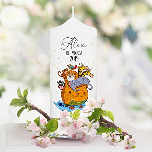 Wandtattoo Loft Patenkerze personalisiert Motiv Boot Arche Noah Tiere - Patenkerze zur Taufe, Geburt oder Kommunion – Kerze weiß 18 x 7 cm mit Name und Datum