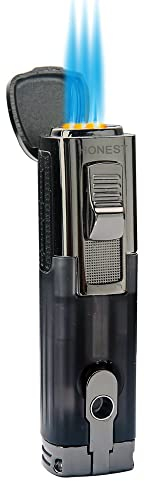 PROMISE Briquet à flamme triple jet rechargeable au butane Briquet coupe-vent avec poinçon Cigare – Butane non inclus (Noir-E)