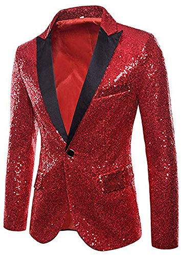 CHRONSTYLE Herren Slim Fit Sakko Blazer Anzugjacke Freizeit EIN-Knopf Pailletten Glitter Anzug Jacke Karneval Kostüm für Hochzeit Party Festlich (rot, L)