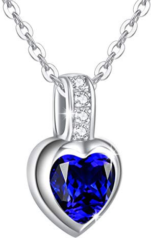 AGVANA Geburtsstein Herz Kette Mit Anhänger 925 Sterling Silber September Synthetischer Saphir Halskette Feinen Schmuck Geschenk Für Frauen, Länge: 45cm