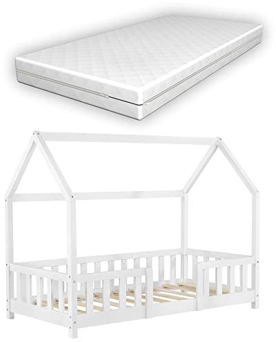 [en.casa] Kinderbett Sisimiut mit Matratze 70 x 140 cm Hausbett Montessori mit Rausfallschutz Holzbett für Kinder Bodenbett Lattenrost Kiefernholz Weiß