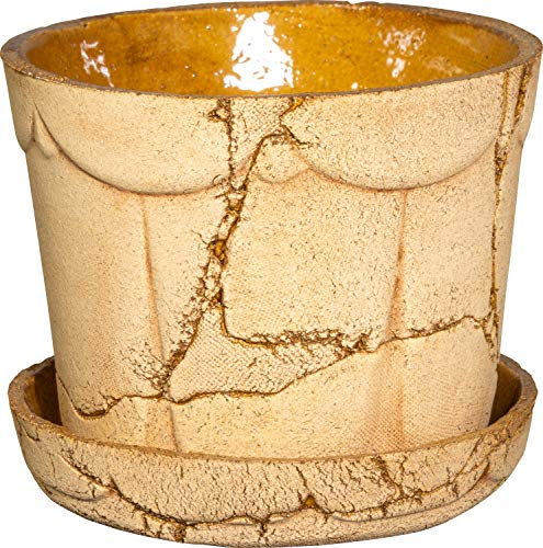 PLATINUX Steingut Blumentopf mit Untersetzer & Abflussloch 14,6x12,4cm Blumenkübel Steinoptik Braun Groß Handmade