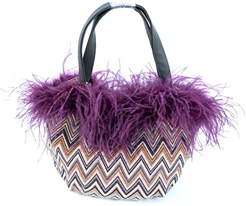 Pescaplanet Borsa Donna in tessuto e Piume di Struzzo Naturali Prodotto Sartoriale Made in Italy