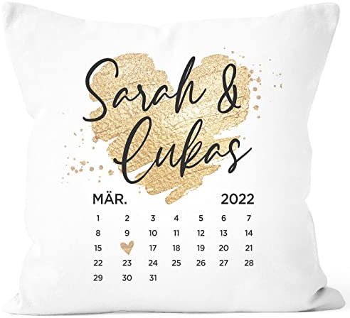 SpecialMe® Kissen-Bezug Liebe Kalender personalisiert mit Namen Datum Herz Geschenk Männer Frauen Hochzeit Valentinstag weiß 40cm x 40cm