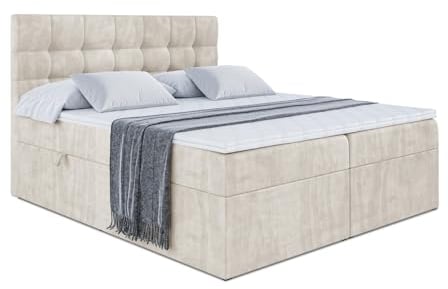 ALTDECOR Boxspringbett mit Matratze und Lattenrost, Boxbett, Topper, Polsterbett mit Bettkasten, Bett mit Stauraum H3-Matratze, Doppelbett, Springboxbett - BERO - 120x200 Beige Samt