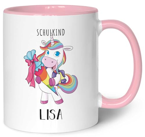 GRAVURZEILE Bedruckte Tasse - Einschulung Pferd - Personalisiert mit Name - Geschenke für Mädchen und Jungen zum Schulanfang - Personalisierte Geschenke zur Einschulung - Rosa