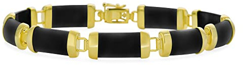 Bling Jewelry Armband im asiatischen Stil mit echten schwarzen Onyx-Edelsteinen, konturierten Röhrenstäben, für Frauen, 14K gelbvergoldetes .925 Sterlingsilber, 7,5 Zoll.