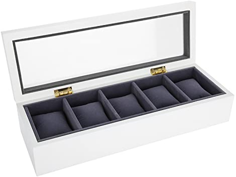 Cyrank Uhrenbox mit 5 Fächern, Holz-Uhrenvitrine mit Glasdeckel, Uhrenbox für Männer und Frauen(Weiß)
