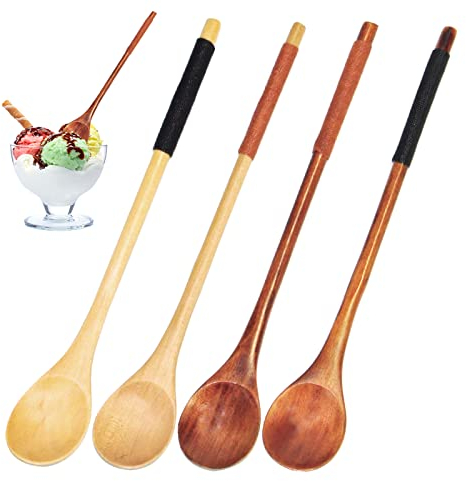Cuillère en bois naturel, cuillère à café multifonctionnelle à manche long pour thé cuillère à soupe au miel accessoires de cuisine (4)