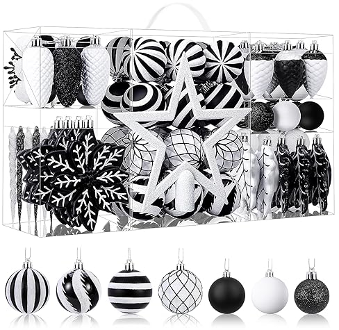 SHareconn Christmas Tree Decorations Baubles Set, 106 pcs in 14 Types Shatterproof Holiday Ornaments Balls for Holiday Party Wedding (BlackWhite), SH-106CT BALL BLACKWHITE