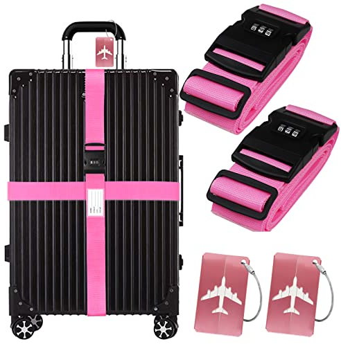 Passwort Koffergurt Kofferanhänger Set, 2 Stück gepäckband mit Schloss mit 2 Stück Gepäckanhänger Set, Rosa Kofferband Gurt Personalisierte Identifikation für Gepäck Reisetasche Koffer