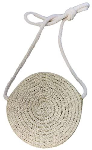 Jamron Fait Main Rond Sac de Paille Sac à Bandoulière Bohème Fleur Sac de Plage avec Fermeture Éclair SN0702152 Mini Beige