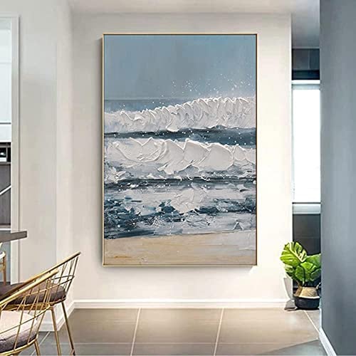 Ölbilder Auf Leinwand Handgemalt,Moderne Abstrakte Kunst Acrylmalerei 100% Handgemalte Meereswellenlandschaft 3D-Effekt Messer Strukturierte Kunstwerke Extra Große Wandkunst Rahmenlose Coole Gemäl