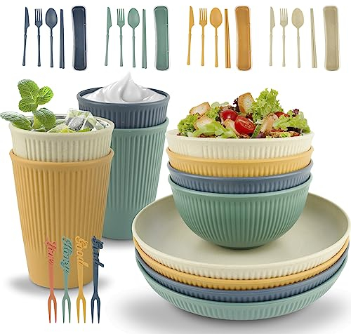 AolKee Vaisselle Pique Nique, Vaisselle plastique reutilisable pour 4 Personnes, Vaisselle camping en plastique, bols, tasses, fourchettes, vaisselle de salle à manger en plein air