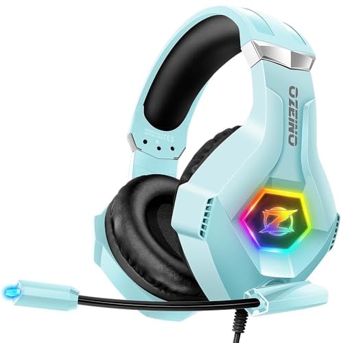 Ozeino Cuffie da gaming, per PS5, PS4, Xbox One, pc, Switch, con microfono, suono stereo e illuminazione RGB, celeste