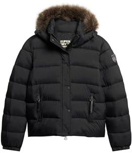 Superdry Damen Kurze Pufferjacke mit Kapuze und Kunstfellbesatz