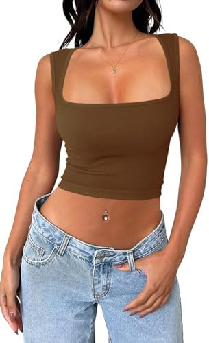 Cuptacc Tank Top Damen Y2K Bauchfreies Oberteil Square Neck Sexy Top Sleeveless Gym Basic Cropped Top Kaffee Klein S 34-36