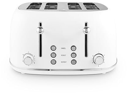 Tower T20076WHT Heritage 4 Slice Toaster with 6 Browning Settings & Deep Fill Slots, 1630W, Optic White