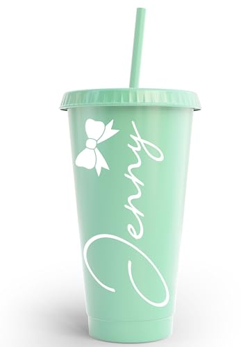 24 oz Cold Cup Tumbler with Personalized Name and Cute Bow - with Lid and Straw for Water, Iced Tea, Coffee, Smoothies, and More