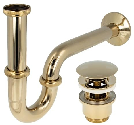 tecuro Siphon extra lang mit Pop Up Ablaufventil vergoldet - Universal Set für Waschtisch/Waschbecken