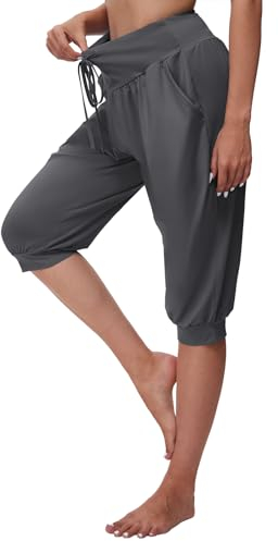 BATHRINS Haremshose Damen 3/4 Yogahose Jogginghose High Waist Caprihose Sommer Pilates Hose Leicht Pumphose Locker Sporthose mit Taschen Kordelzug(Dunkelgrau,XXL)