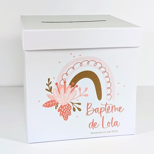 Urne Blanche personnalisée | Urne Anniversaire, Bapteme, Communion, Mariage, Retraite - Cagnotte - Boite - Tirelire | 20 x 20 x 20 CM | Made in France | TE Whaka (Arc-en-Ciel (Rose))