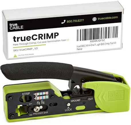 trueCABLE - Pinza crimpatrice pass-through RJ45 V3, funziona con connettori RJ45 Ethernet Cat5e, Cat6, Cat6A, connettori modulari standard schermati e non schermati, strumento di crimpatura Ethernet,
